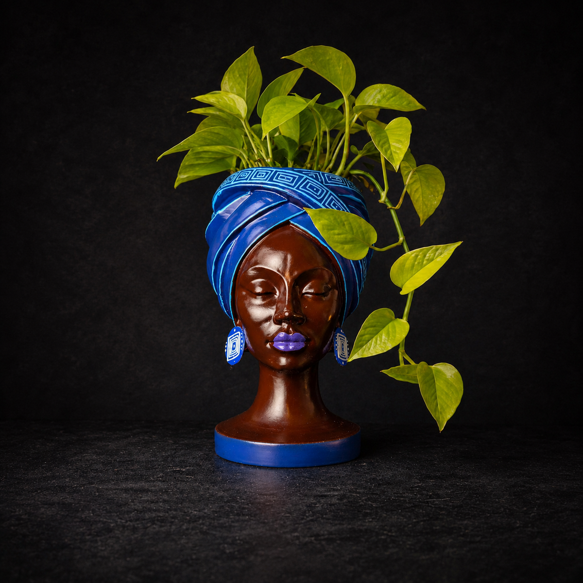 Adire Night African Woman Head Planter