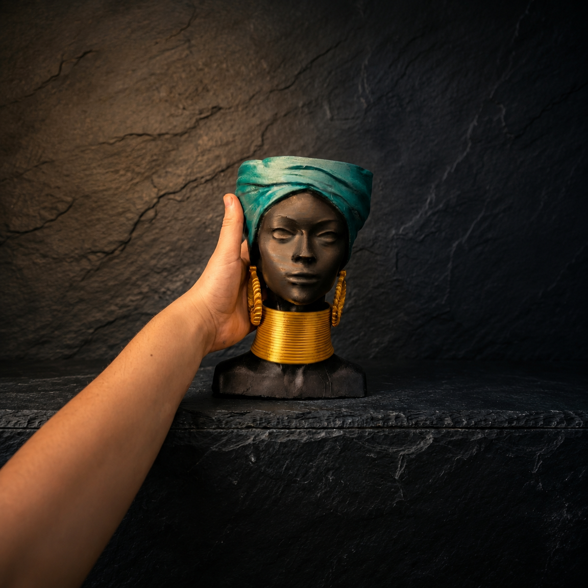 Golden Grace African Woman Head Planter - Studio hand scale
