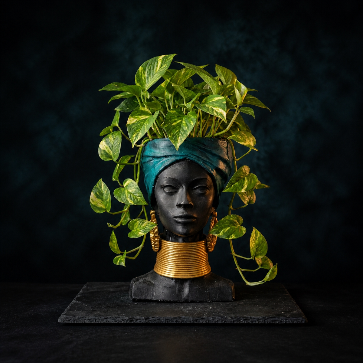 Golden Grace African Woman Head Planter - Planted pothos