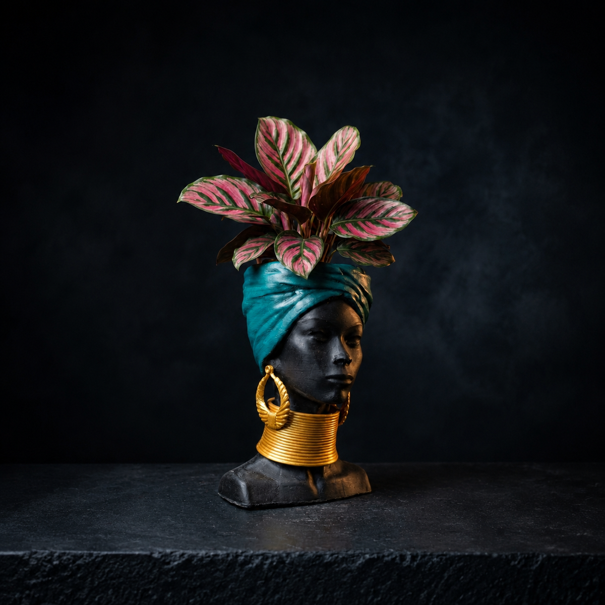 Golden Grace African Woman Head Planter - Planted calathea
