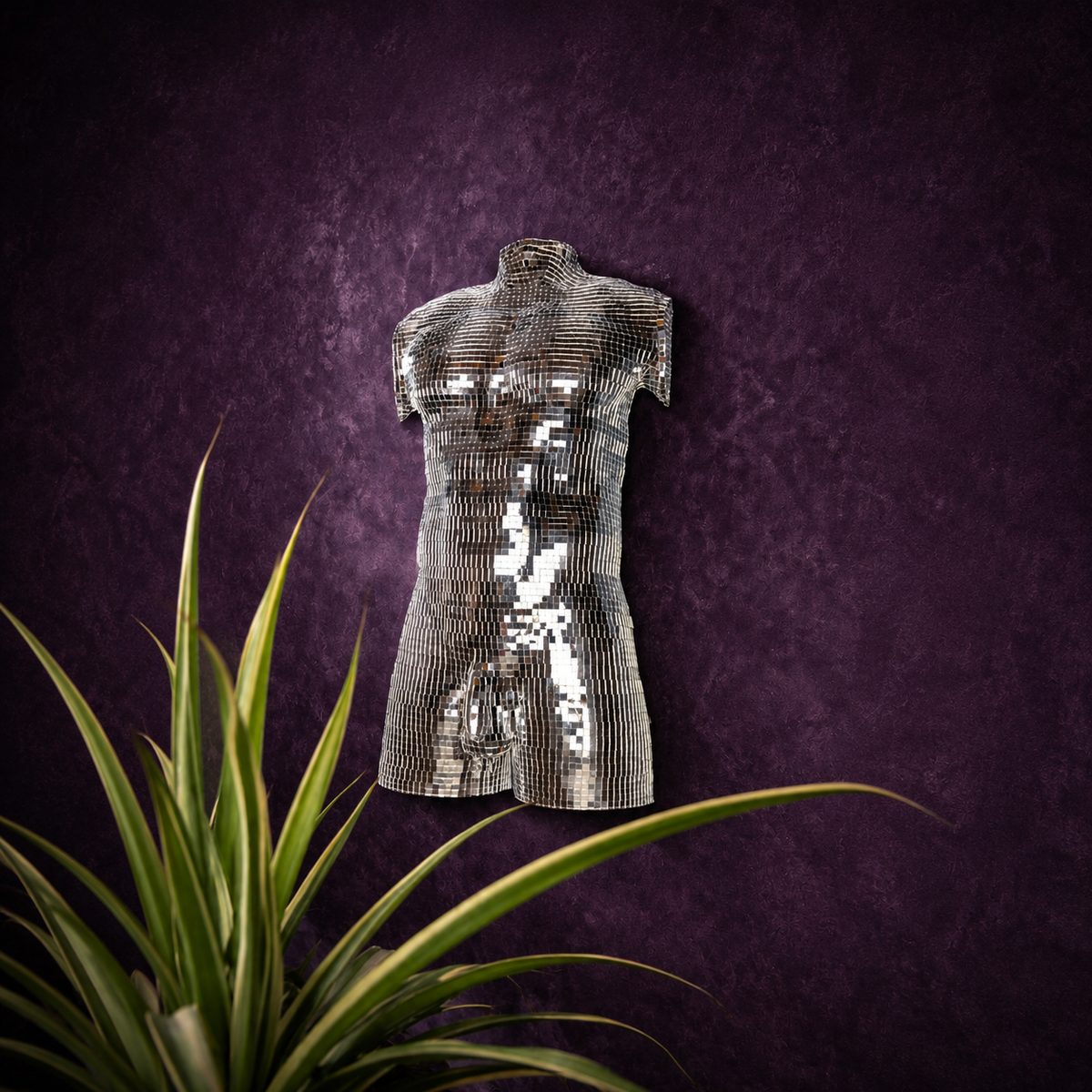 After Hours mirror ball male wall art with plant foreground