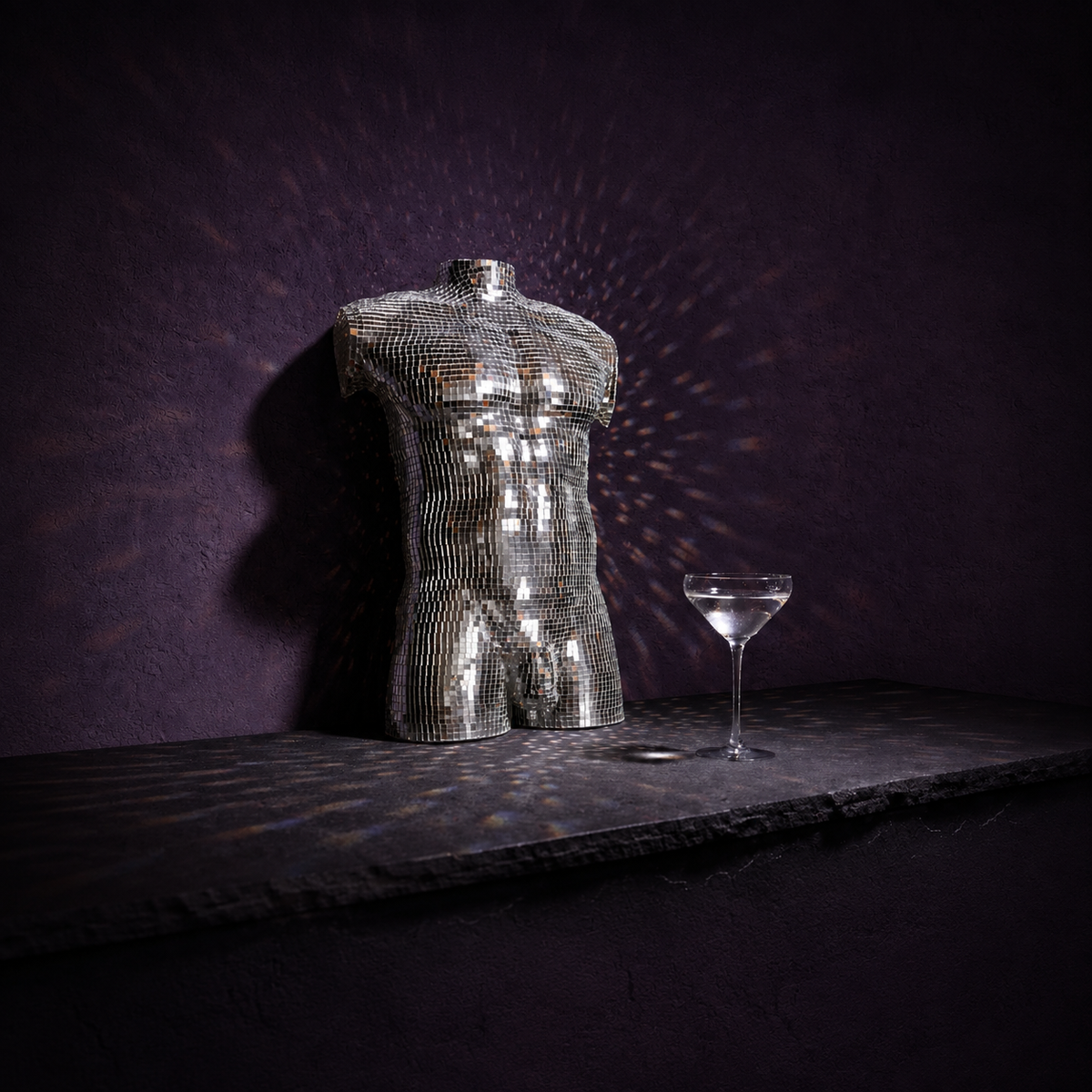 After Hours mirror ball male wall art with cocktail glass lifestyle setting