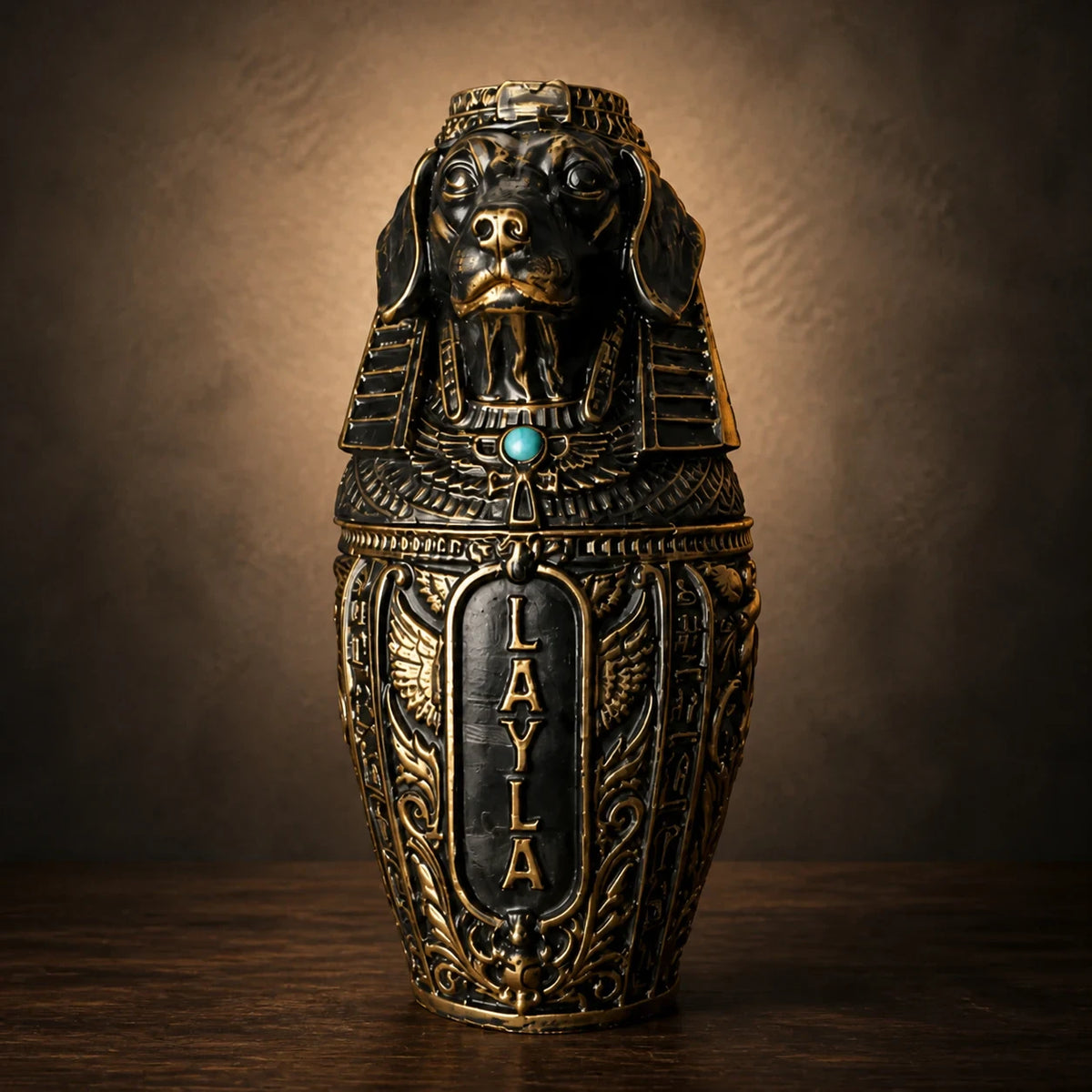 Black and antique-gold personalised dog canopic pet urn with Layla name panel
