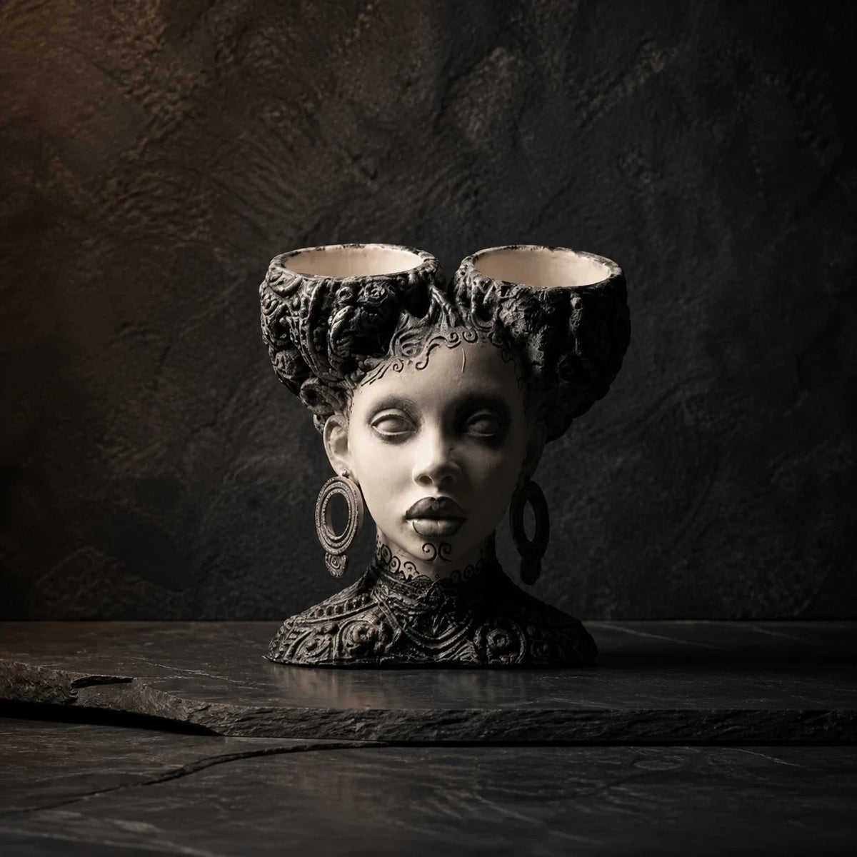 Gothic twin bowl head planter with black baroque hair and pale stone face