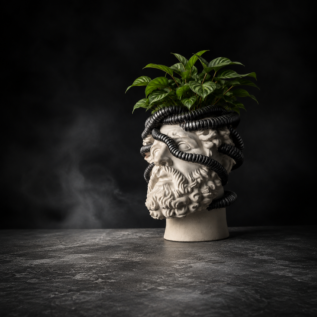 Aristotle.exe classical bust planter styled with a green houseplant