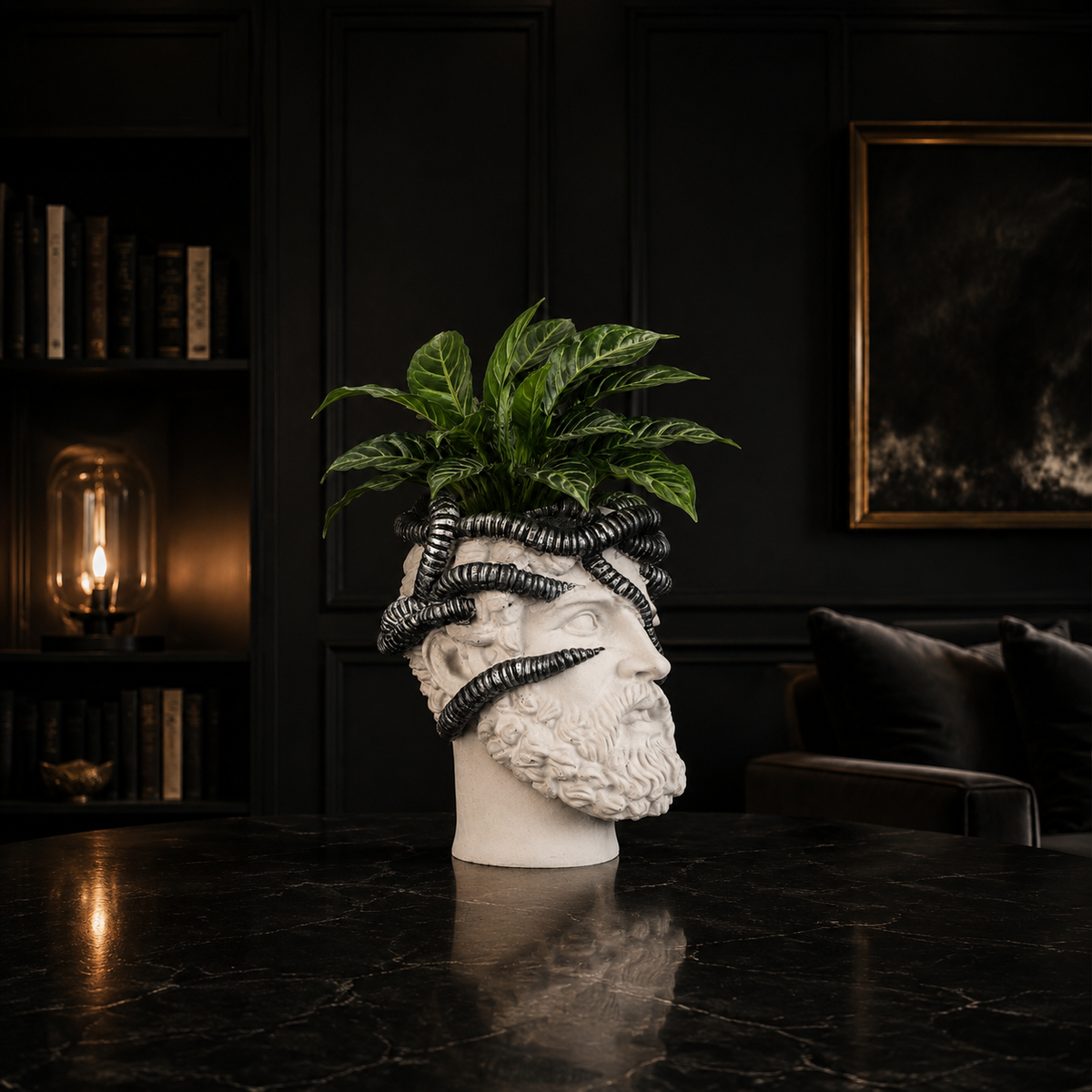 Side lifestyle view of Aristotle.exe with green houseplant