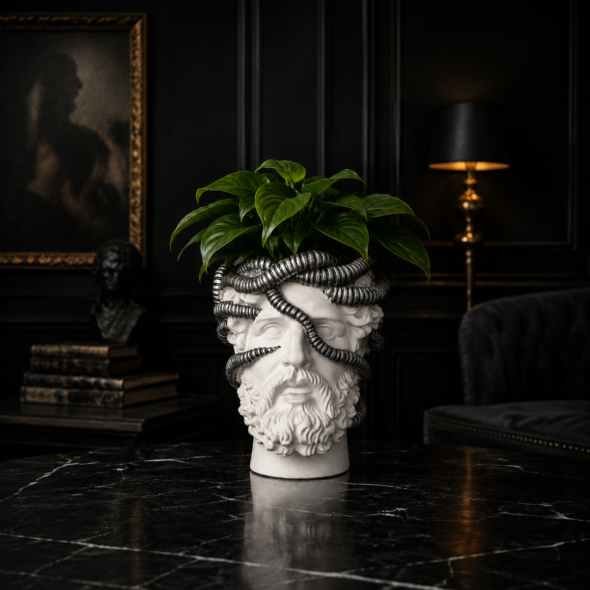 Moody room view of Aristotle.exe classical bust planter with green plant