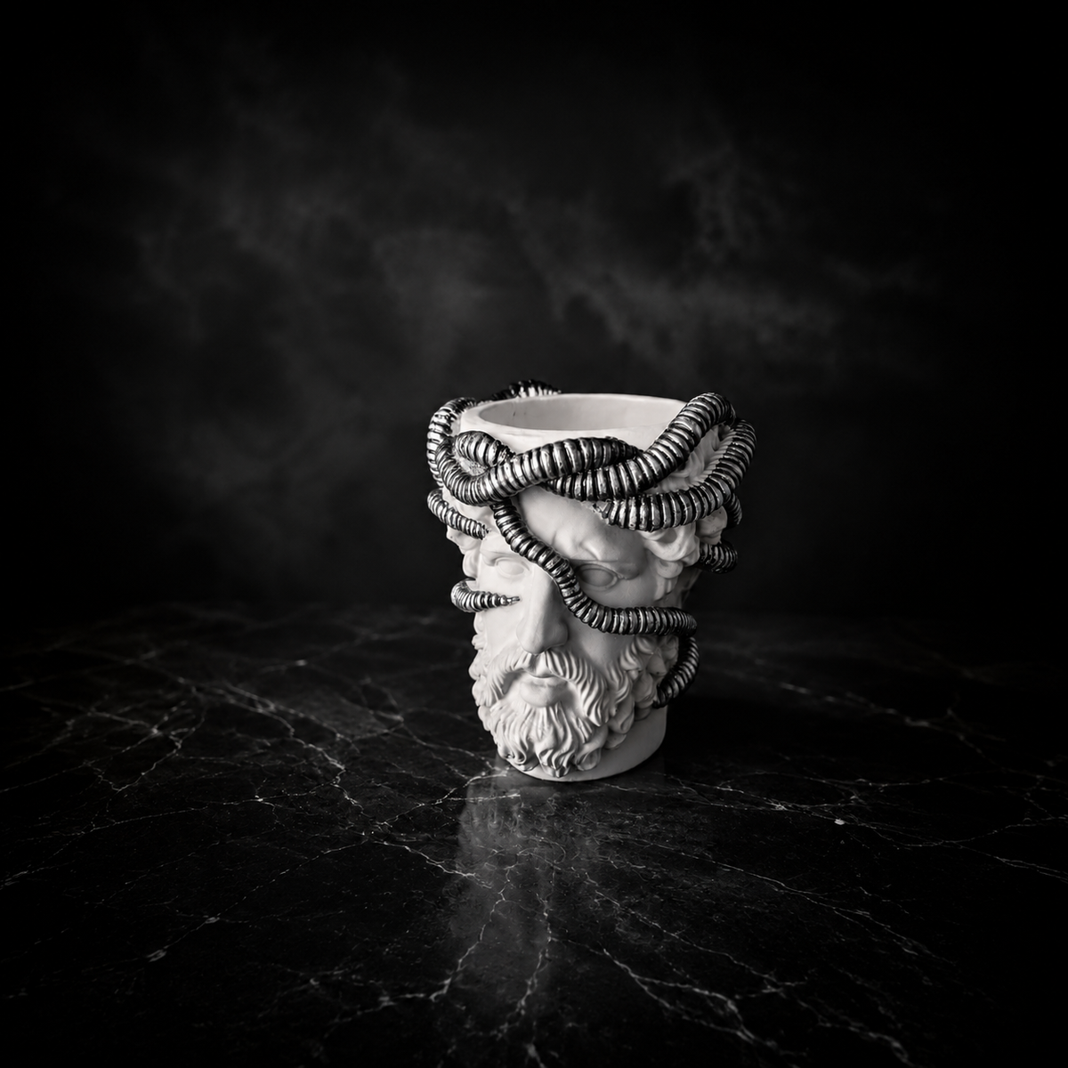 Three quarter studio view of Aristotle.exe cast stone plant pot