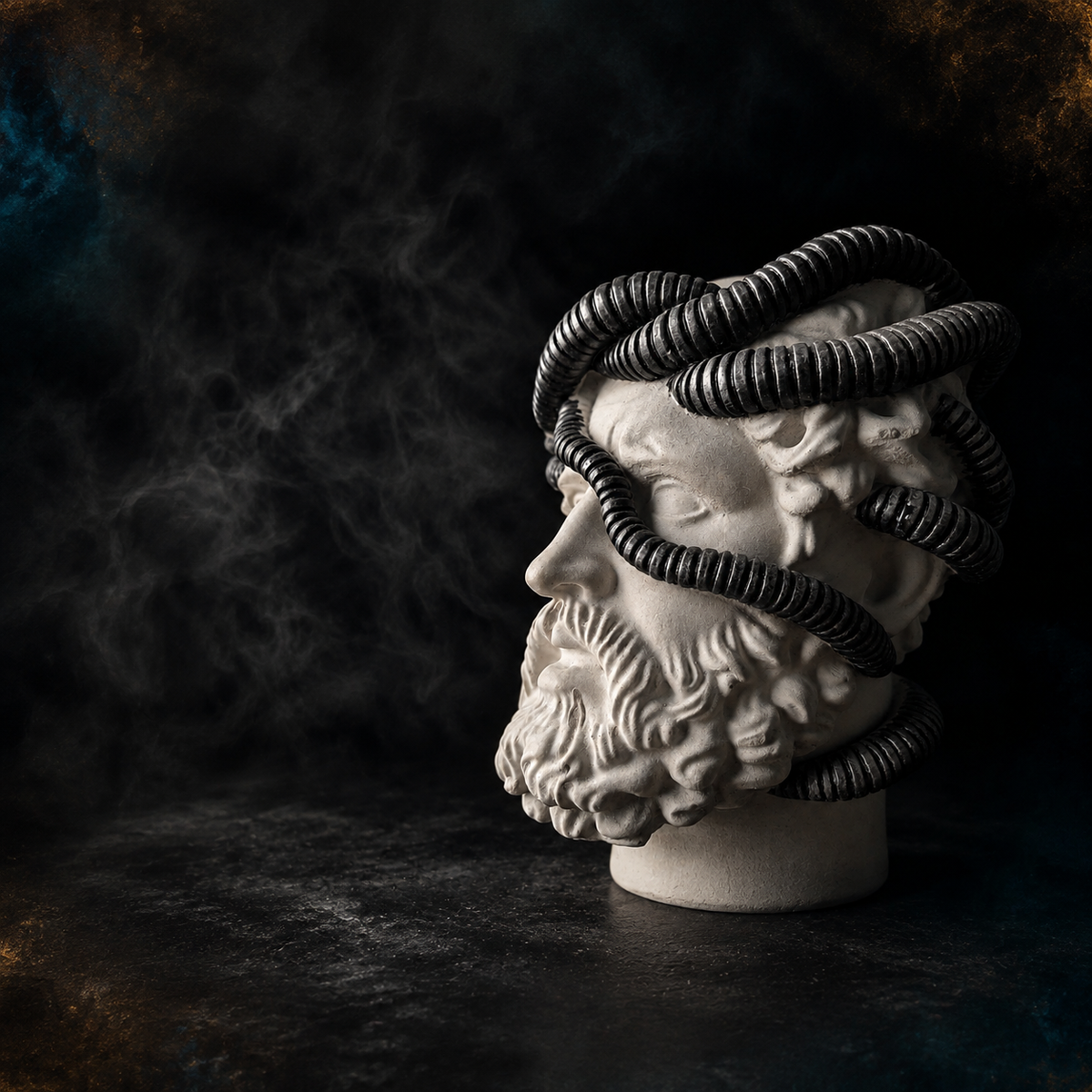 Close detail of Aristotle.exe face and dark biomechanical cable detail