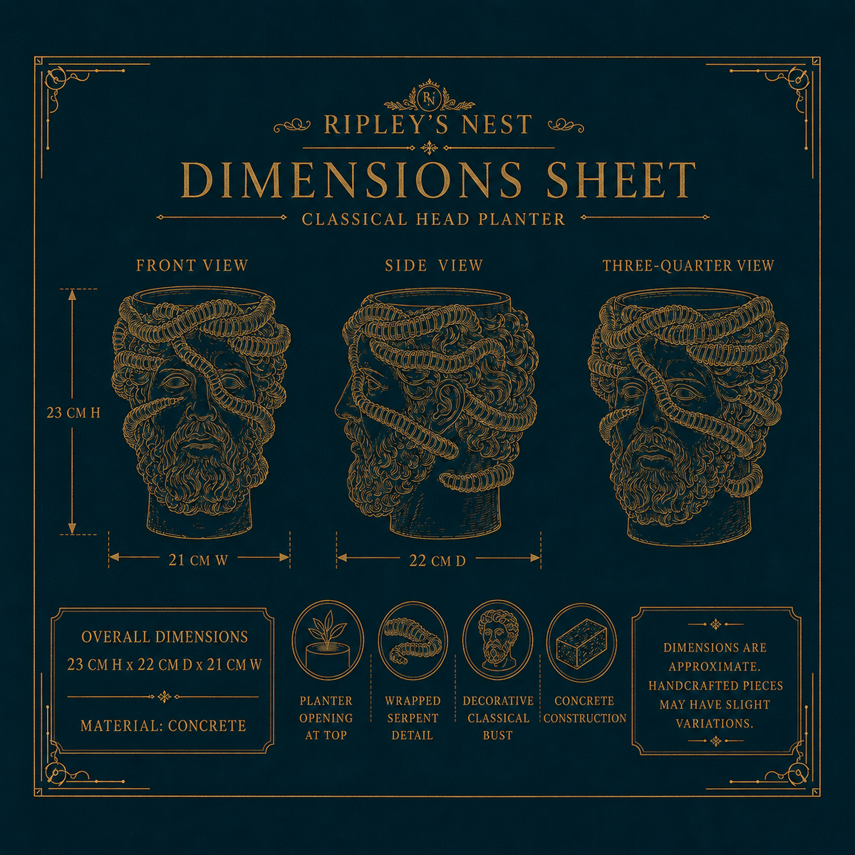 Dimension sheet for Aristotle.exe showing 23 cm high by 22 cm deep by 21 cm wide