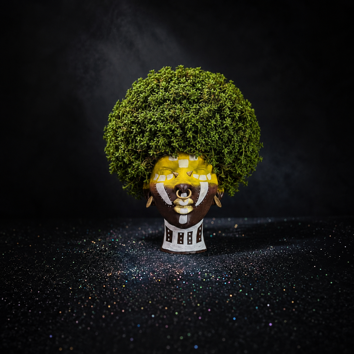 Ashanti Warrior Head Planter - Yellow with moss afro