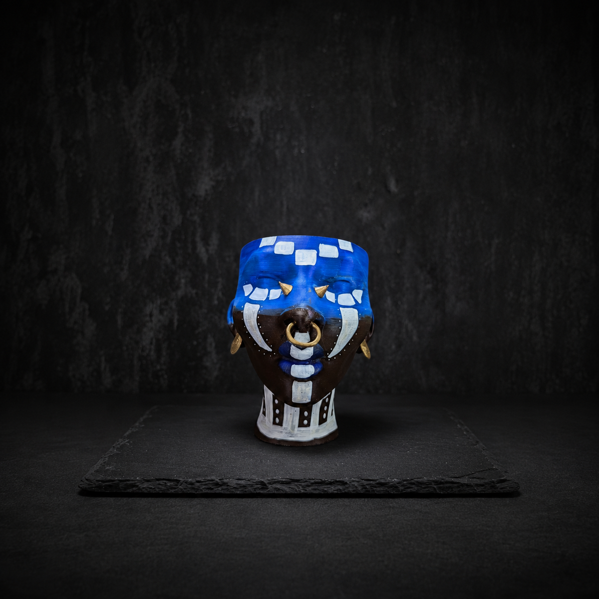 Ashanti Warrior Head Planter - Blue front studio view