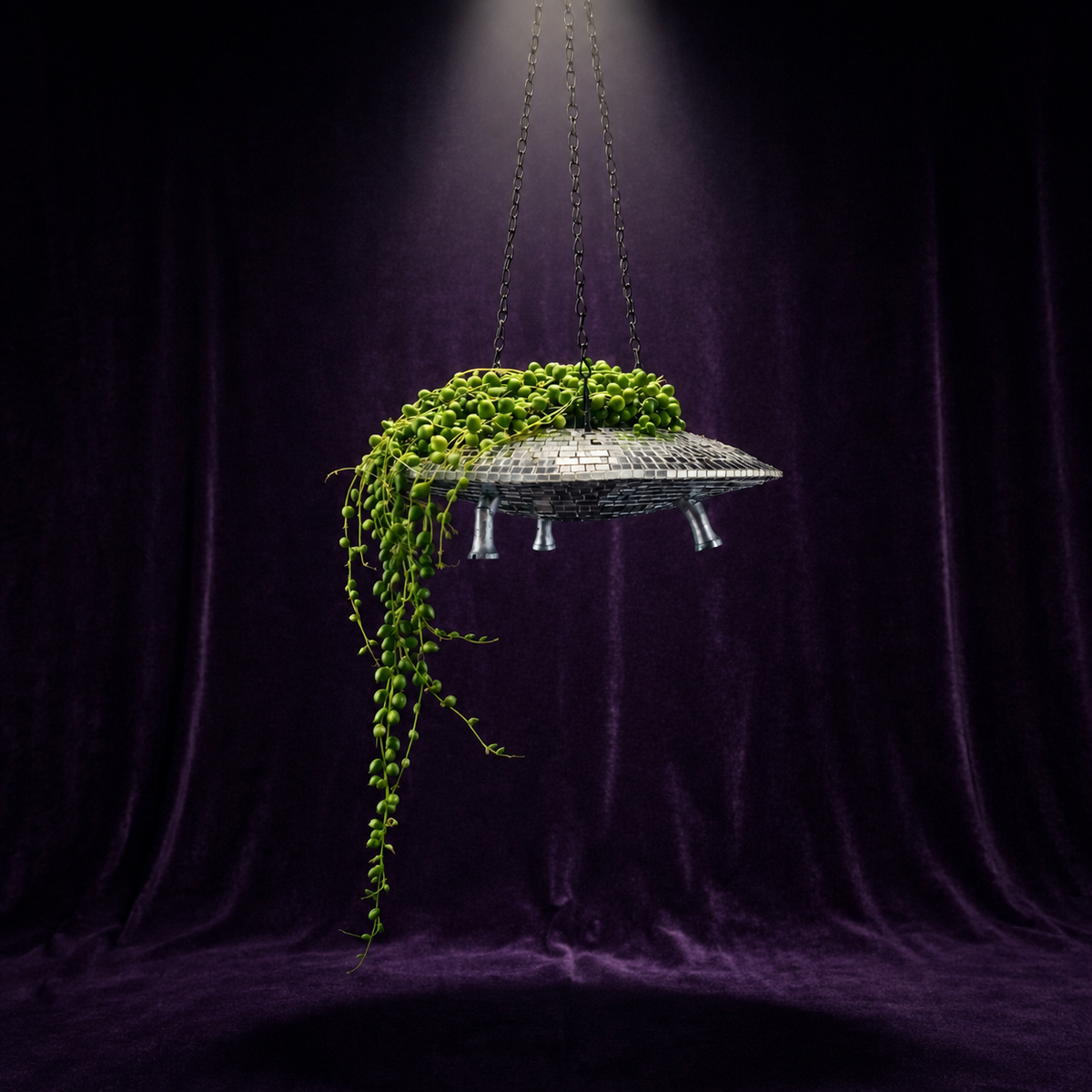 The Mothership disco mirror ball hanging planter - 04-spotlight-pearls