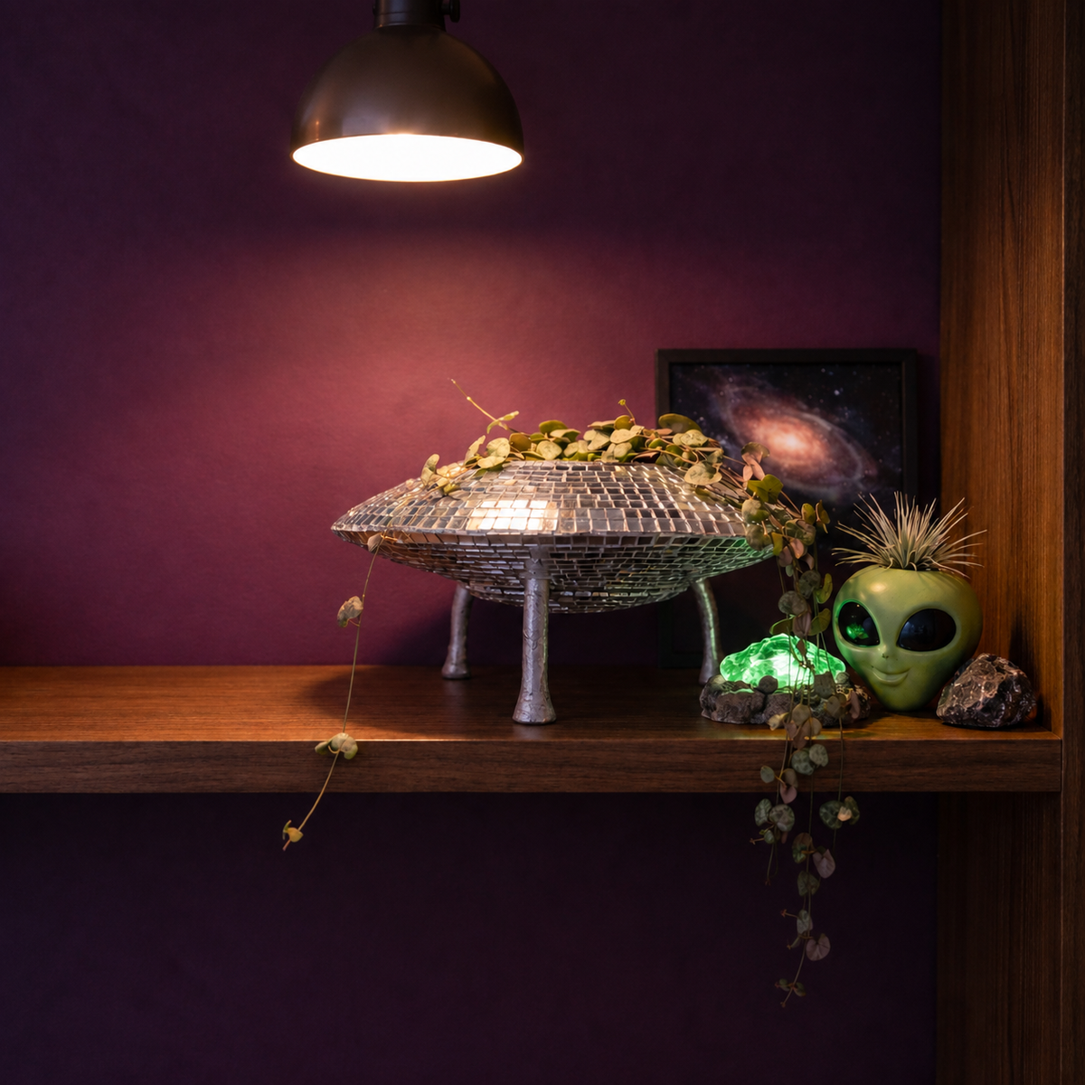 The Mothership disco mirror ball hanging planter - 07-alien-shelf-2