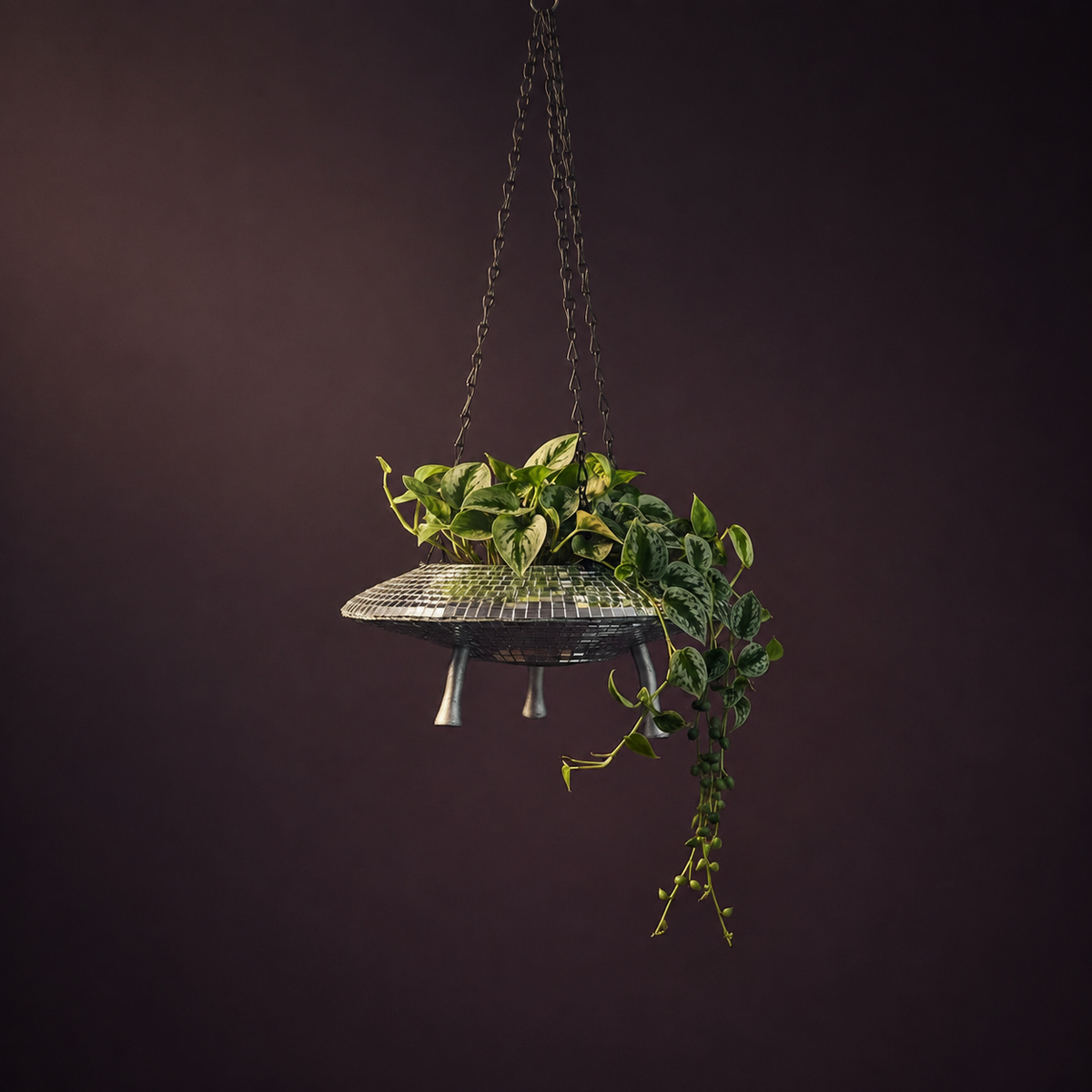 The Mothership disco mirror ball hanging planter - 05-silver-pothos