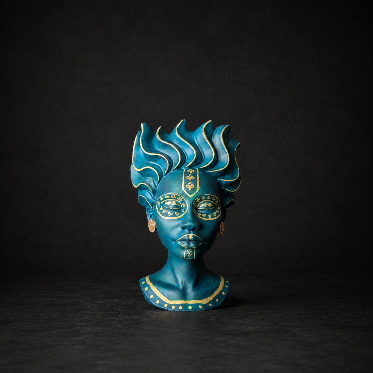 African head planter front view in teal and gold