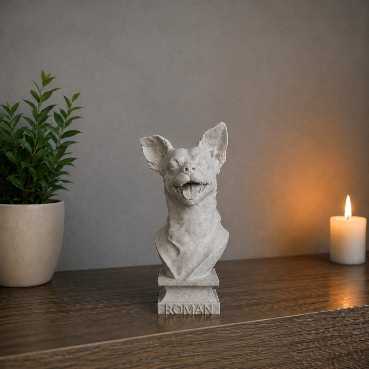 Warm Marble Grey custom dog bust with engraved base