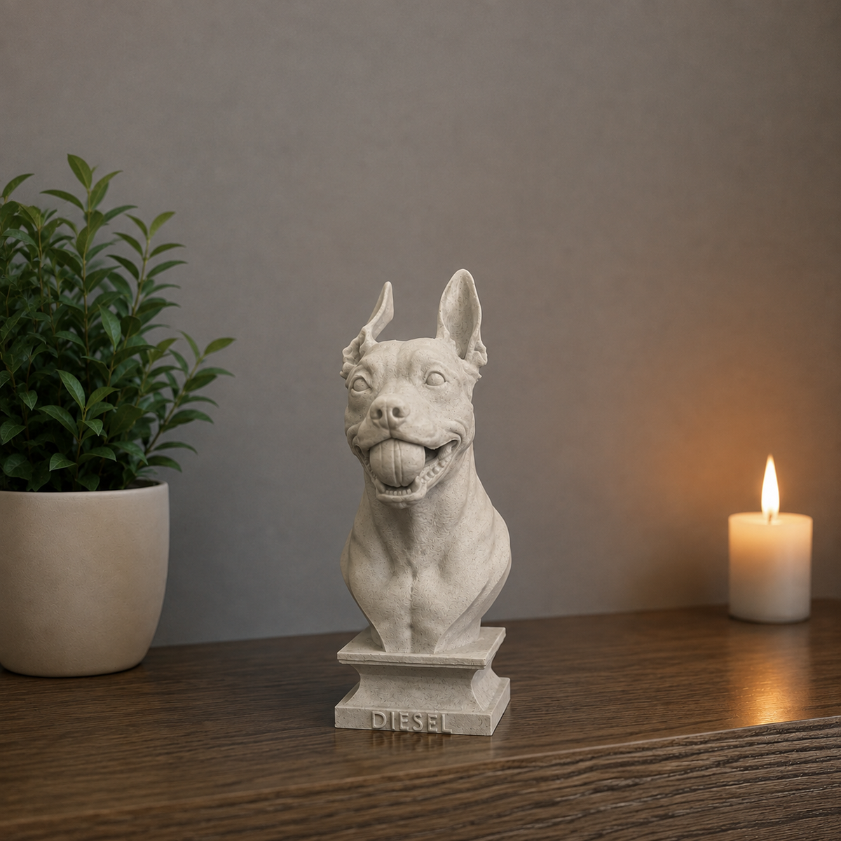 Warm Marble Grey custom dog bust on shelf with candle