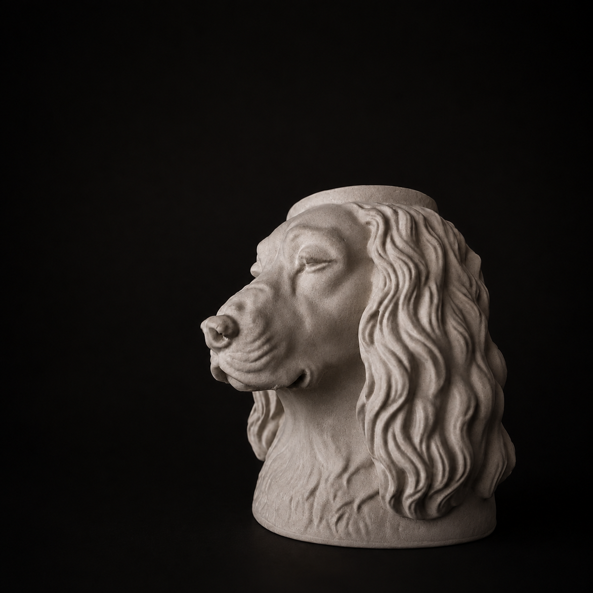 Close-up of the cast stone texture and pet portrait detail