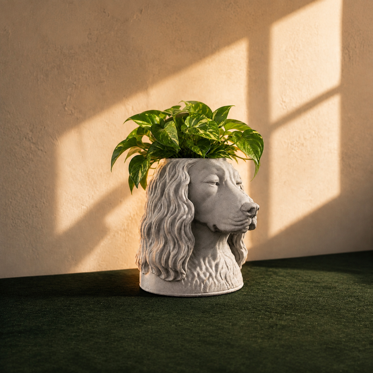 Personalised stone dog planter created from a customer's pet photo