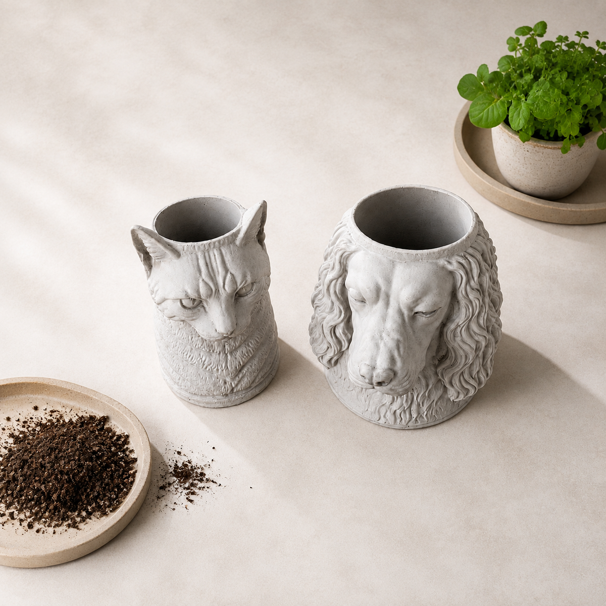 Dog and cat portrait planters showing their planting openings