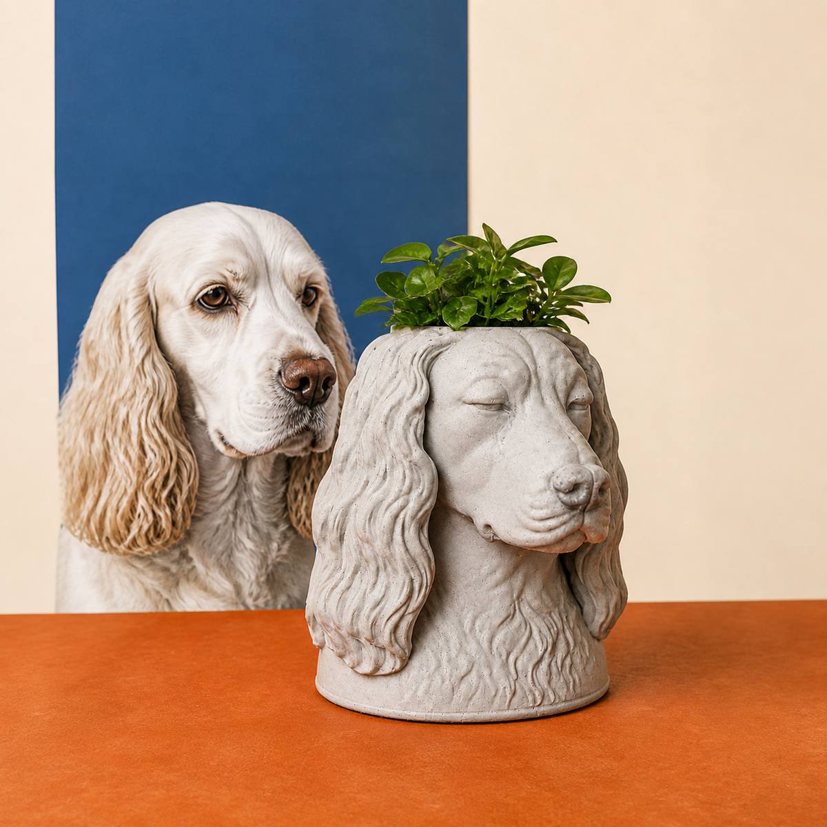 Custom dog portrait planter beside the pet photograph that inspired it