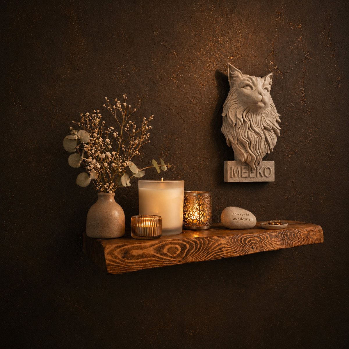 Pet memorial wall art displayed with candles and dried flowers