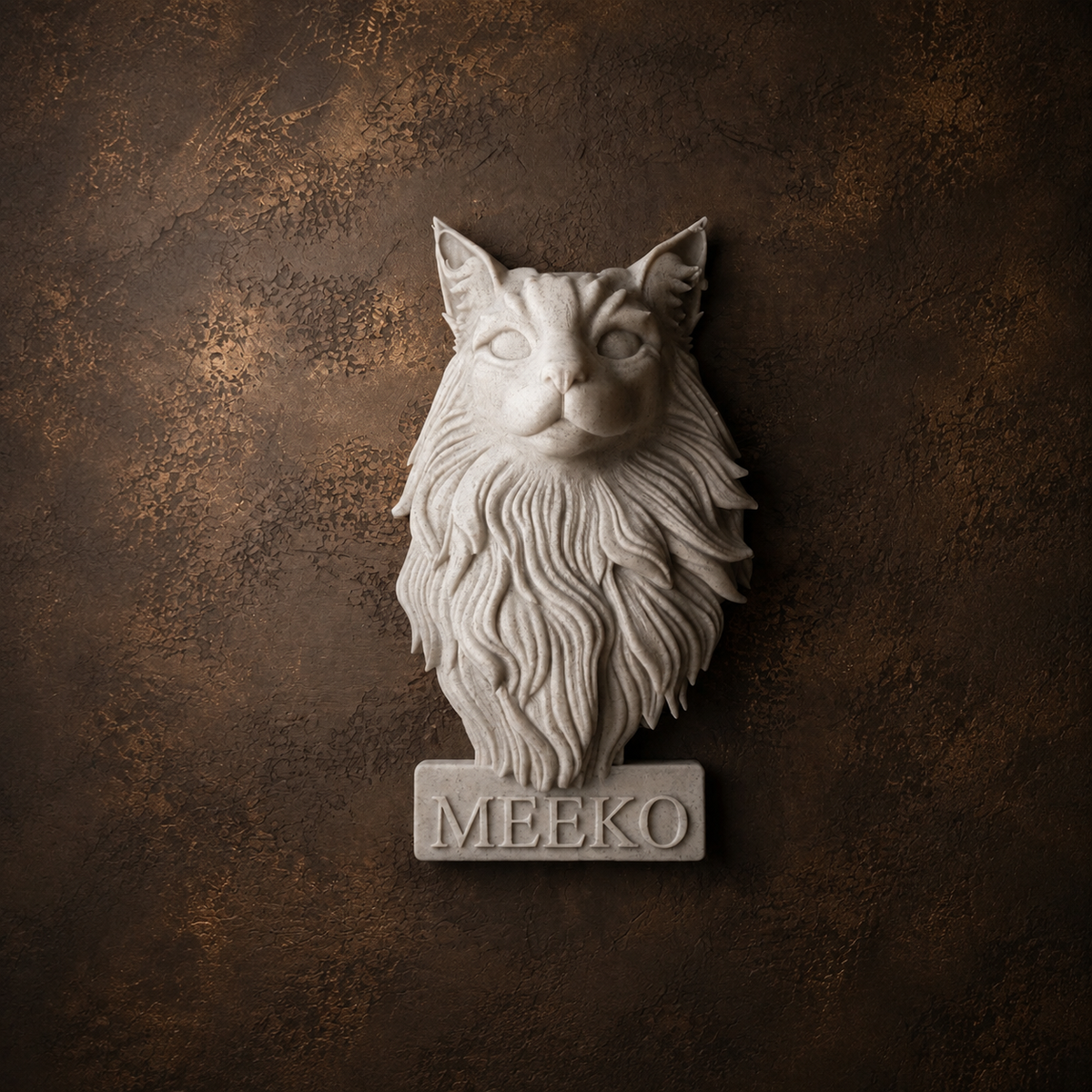 Personalised cat memorial wall sculpture with name base on a cocoa backdrop