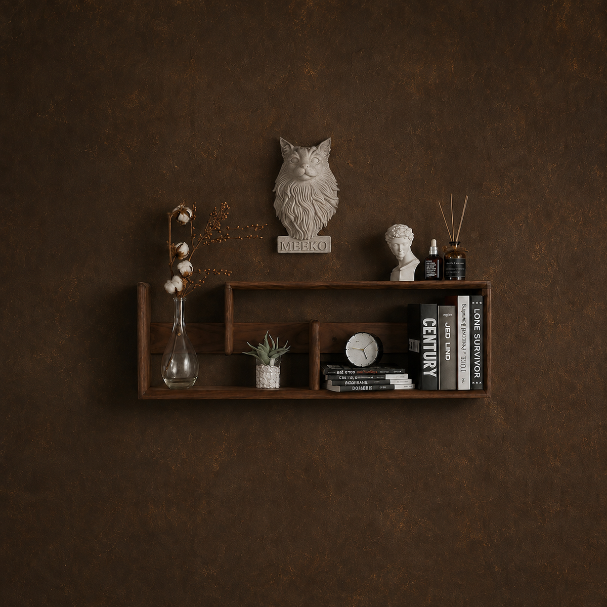 Cat memorial wall art displayed above a wooden shelf in a warm home interior