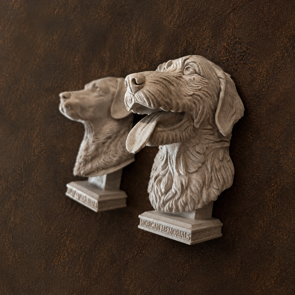 Close-up detail of a personalised dog memorial wall sculpture in a marble-effect finish