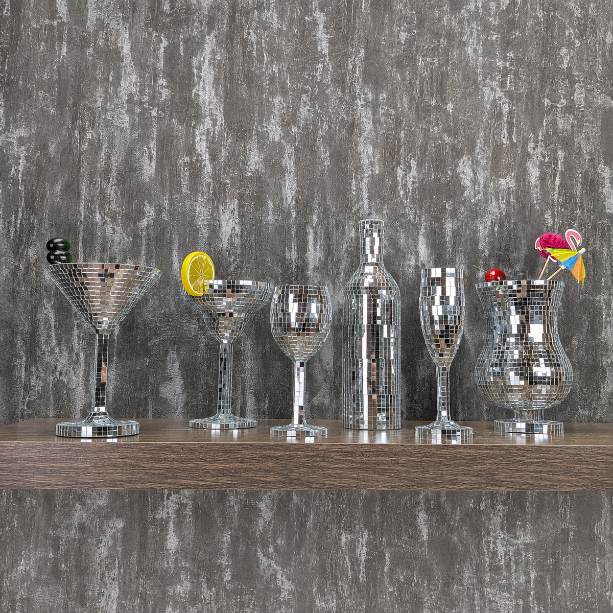 Complete six-piece silver mirror mosaic barware range, front view