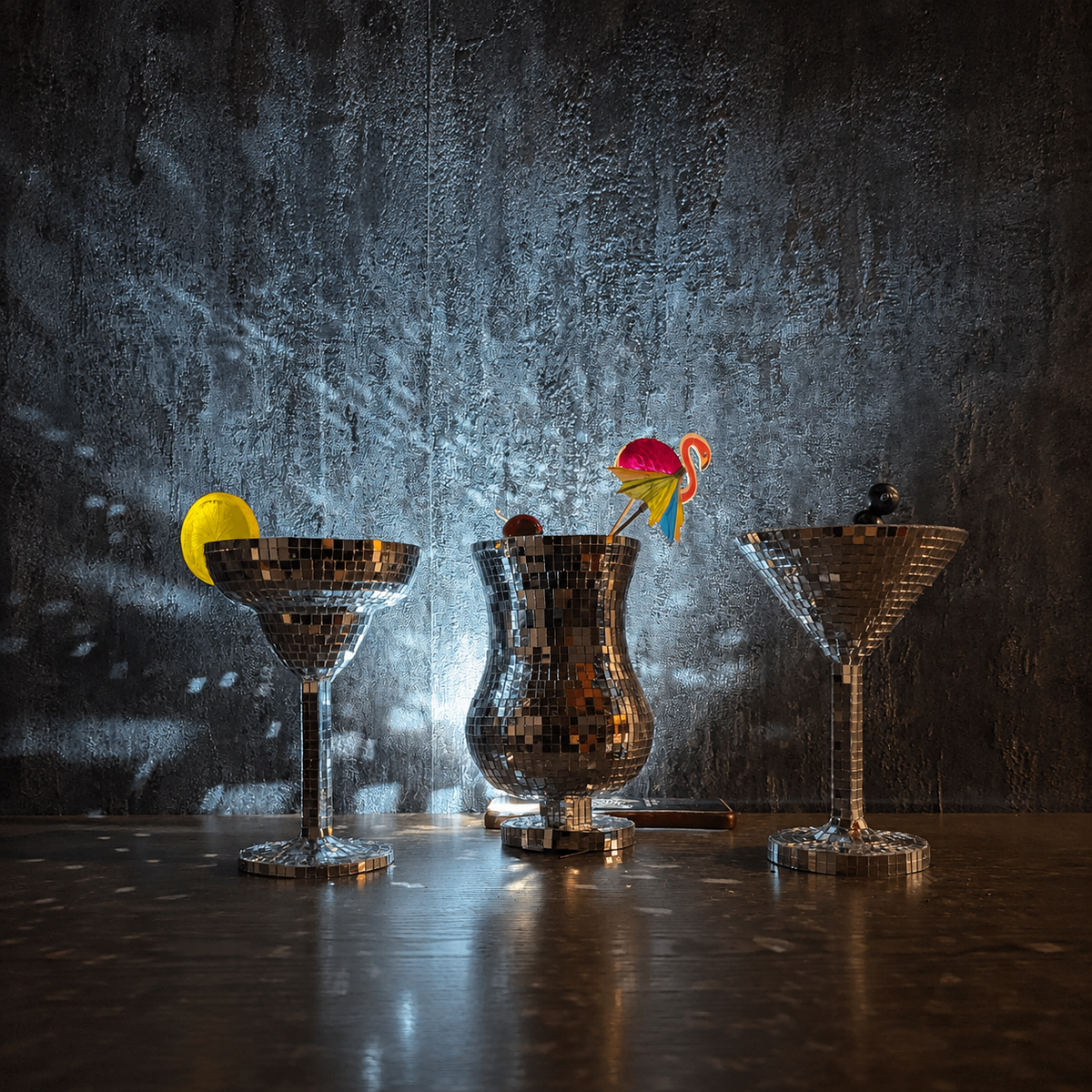 Disco Ball Cocktail Glassware Set — detail shot — mirror tile texture