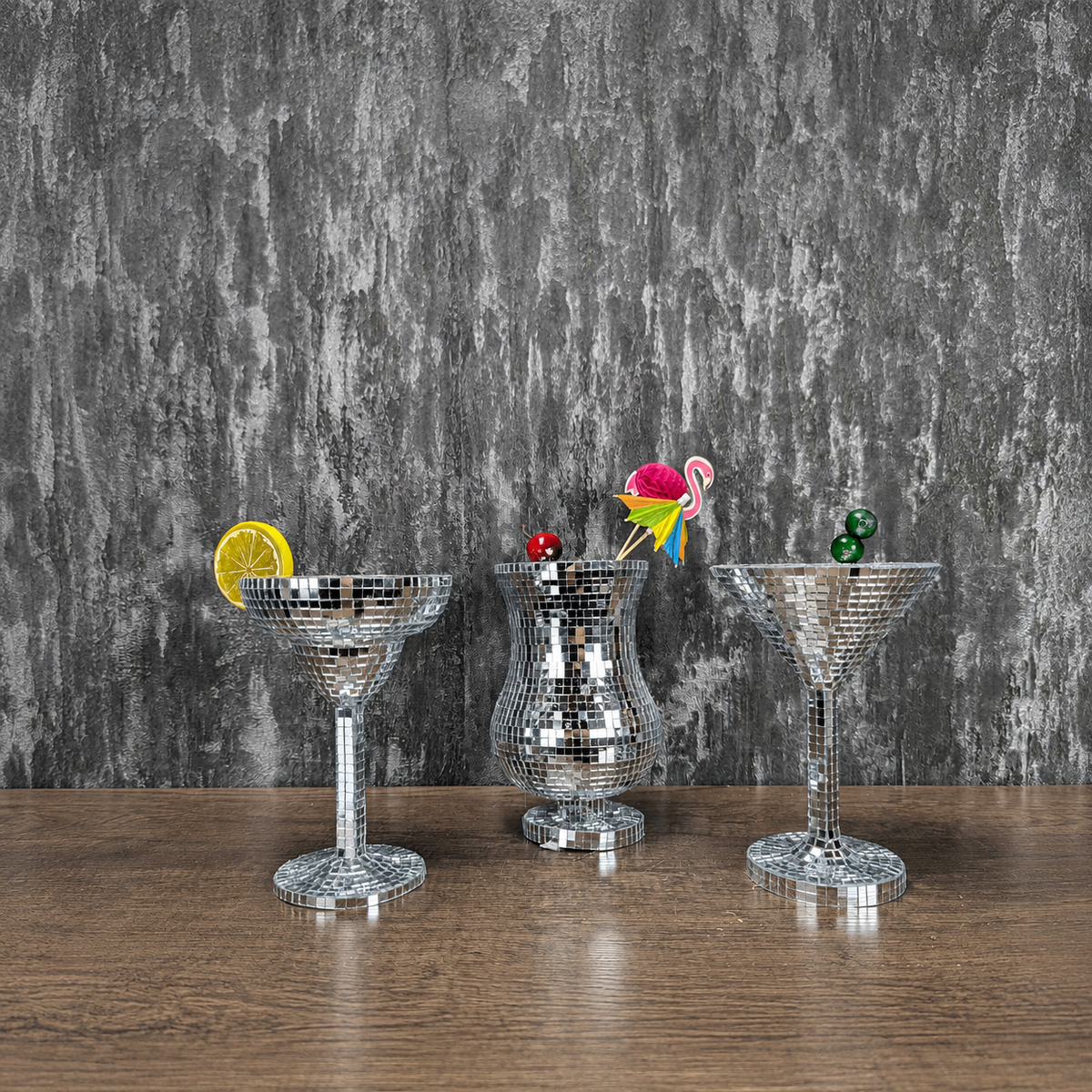 Silver mirror martini, margarita and Pina Colada glasses together