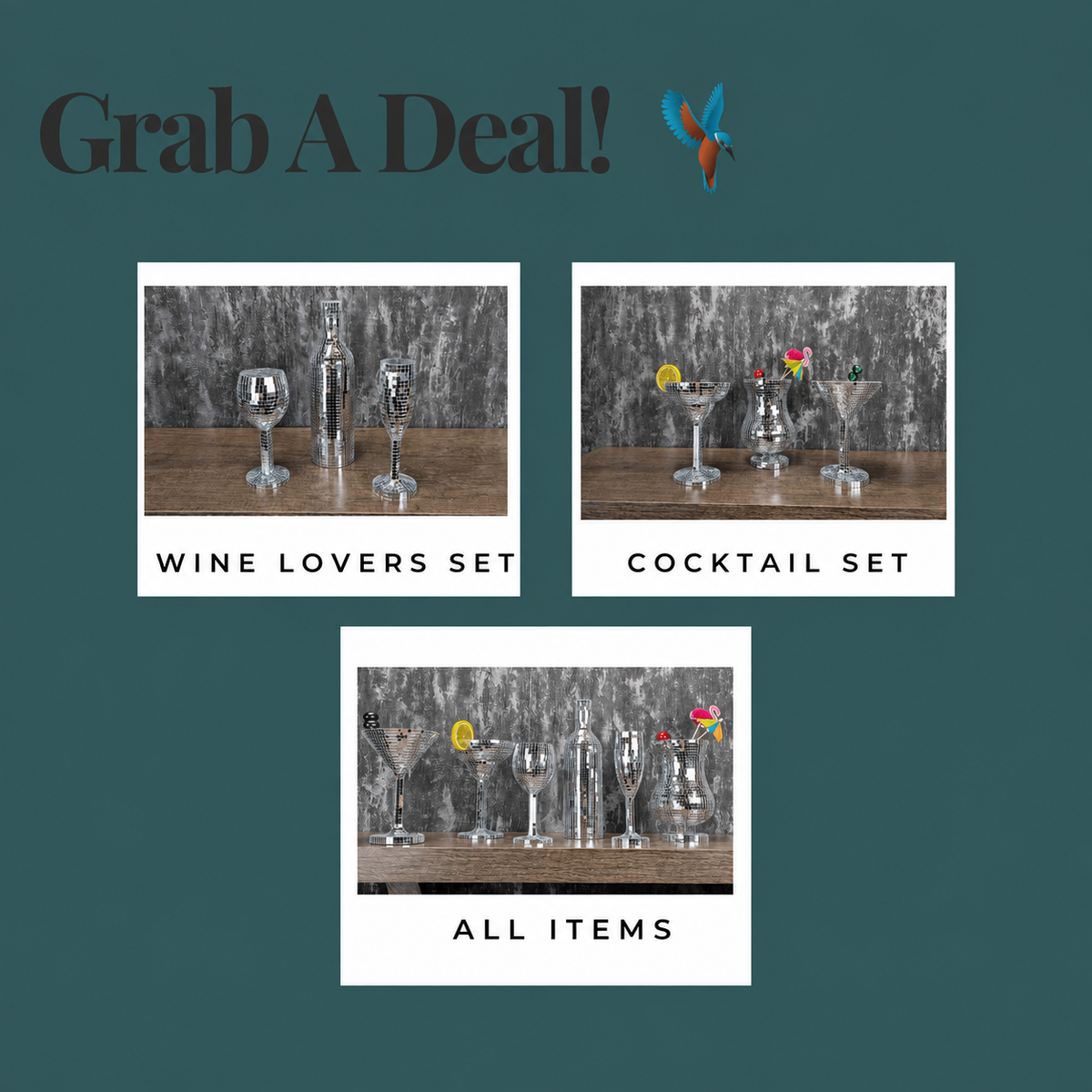 Disco barware options chart showing wine set, cocktail set and complete range