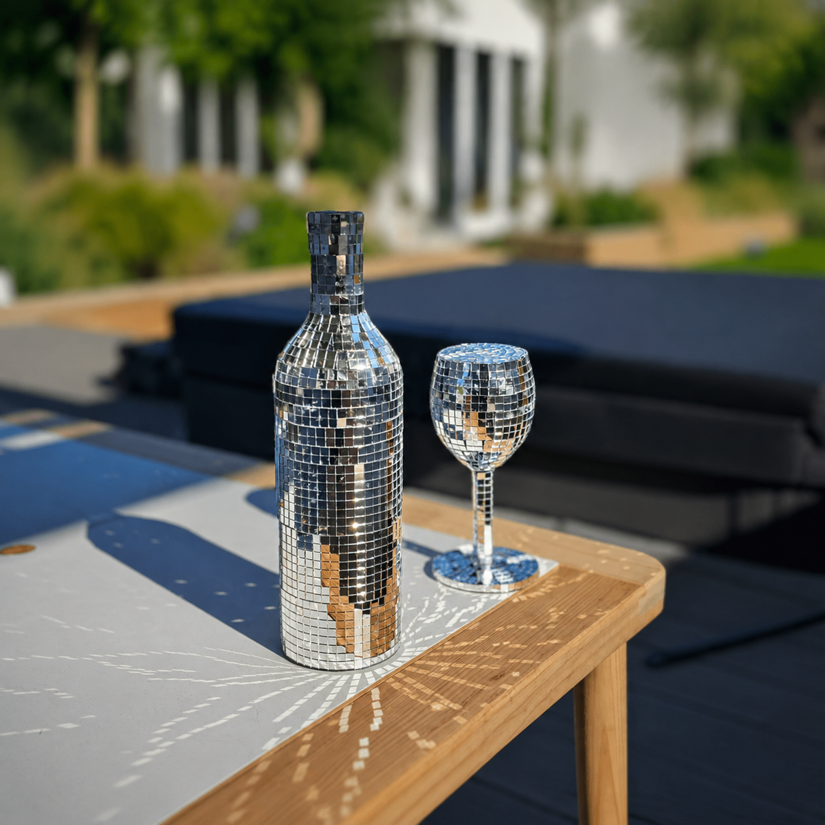 Silver mirror wine bottle and wine glass outdoors