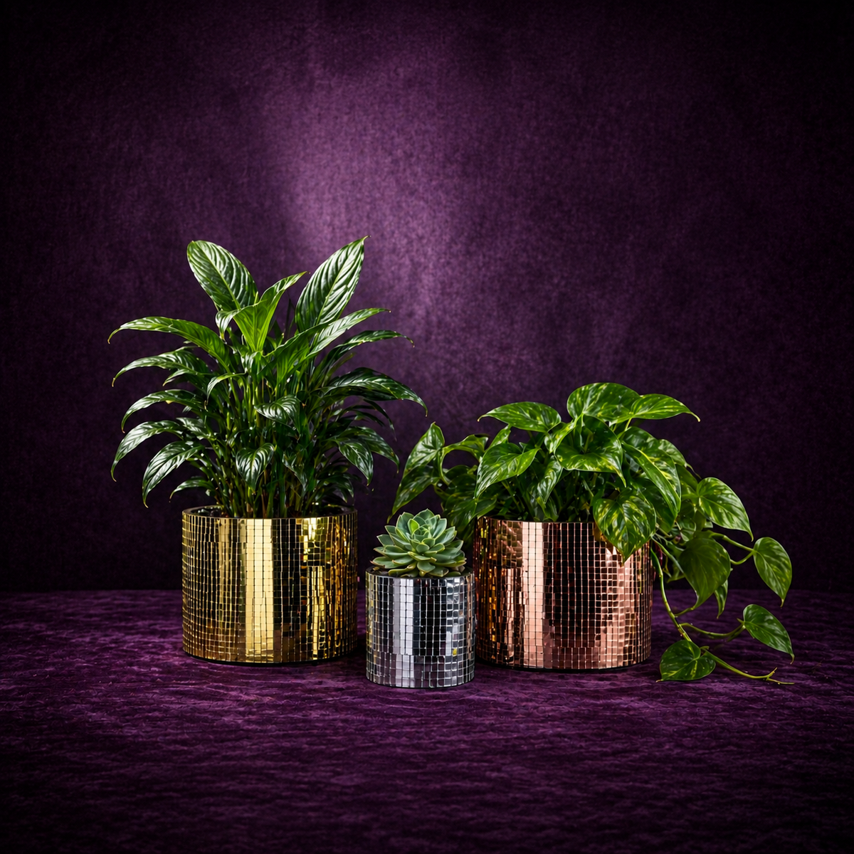 Gold, silver and rose gold disco ball plant pots shown in both sizes