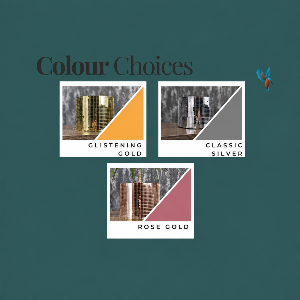 Colour chart for Glistening Gold, Classic Silver and Rose Gold plant pots