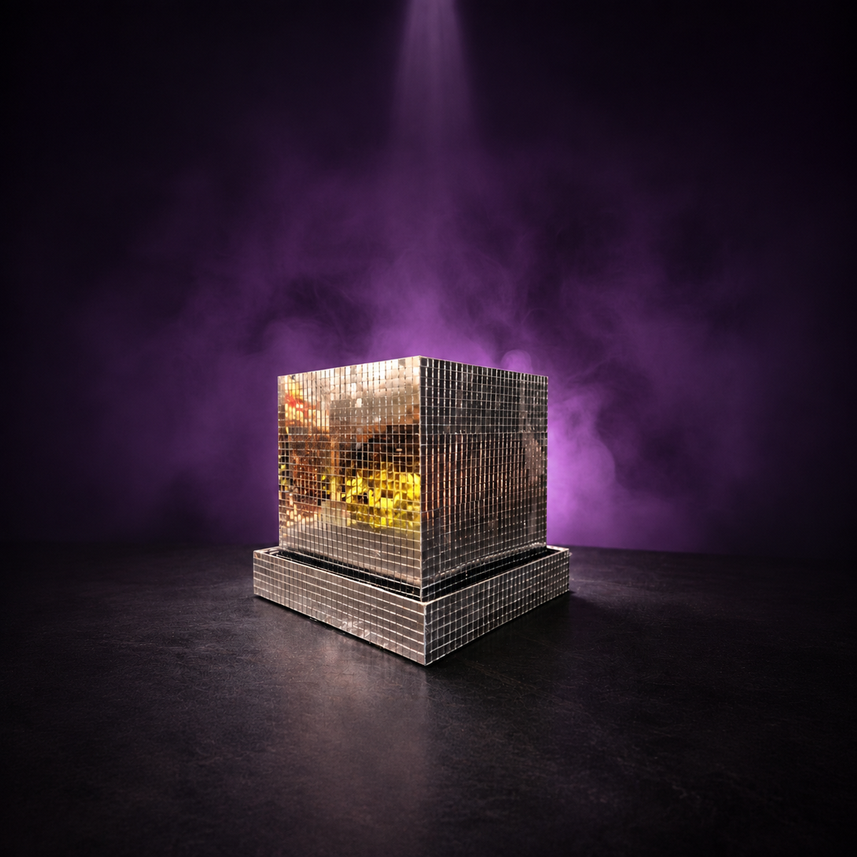 Mirror tile cube planter with atmospheric purple fog background