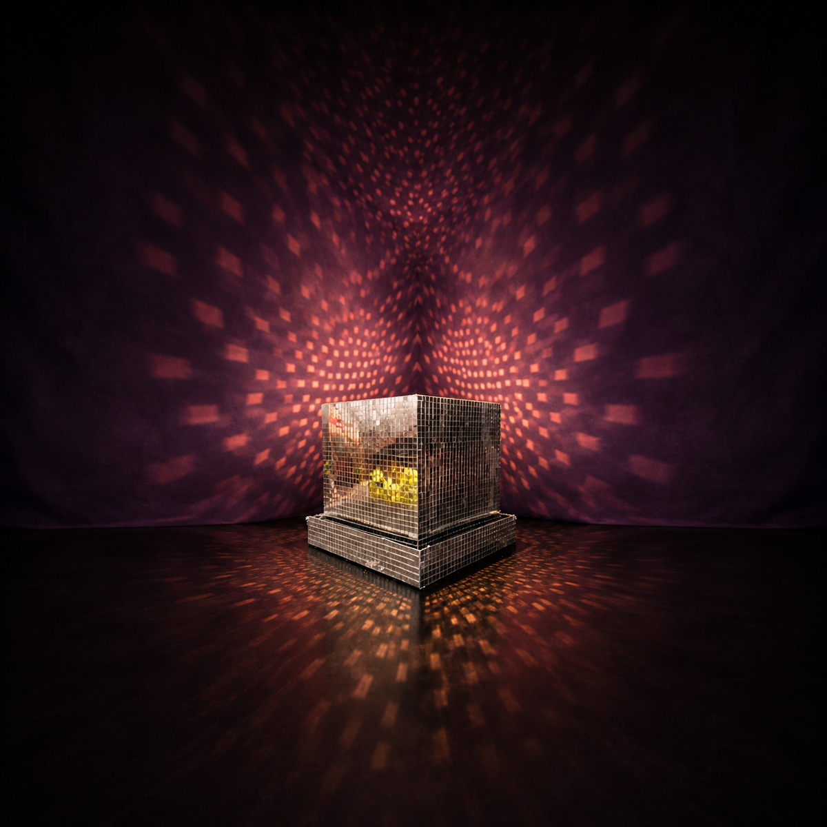 Mirror tile disco cube planter casting light patterns on surrounding walls