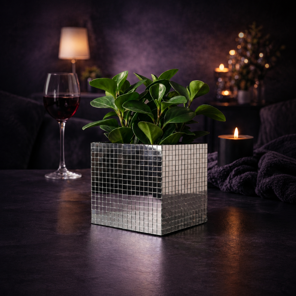 Mirror tile cube planter with peperomia plant, wine glass and candle