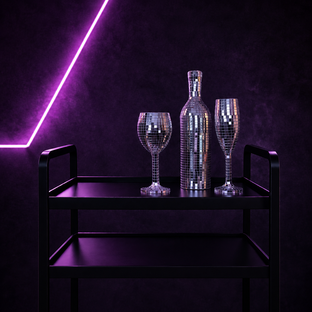 Silver mirror wine glass, wine bottle and champagne flute on a bar cart