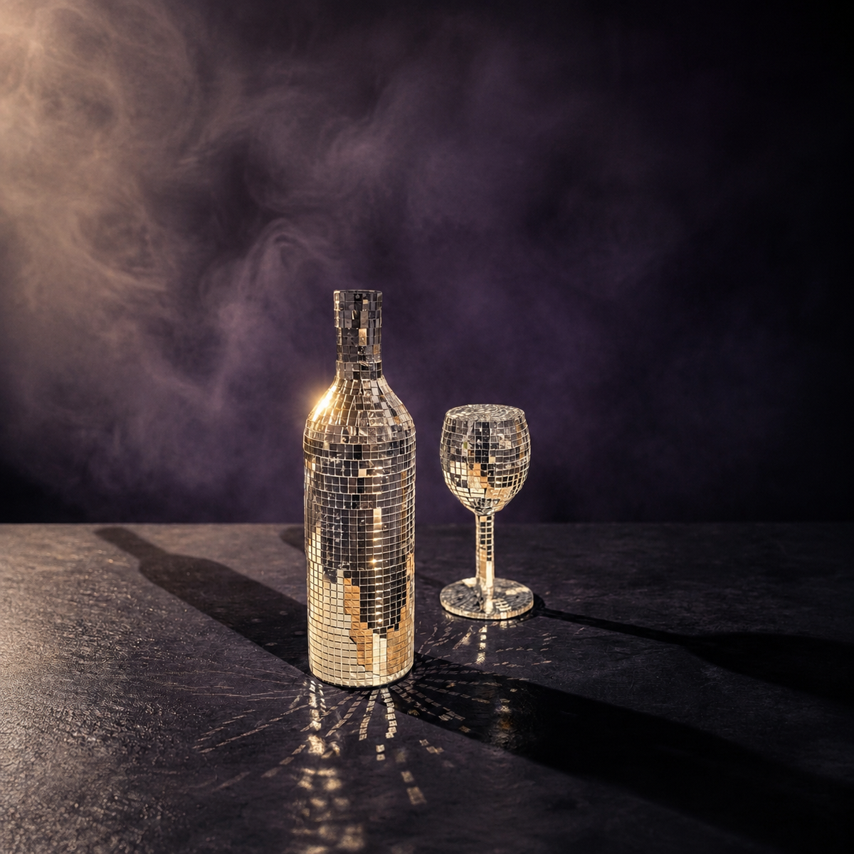 Silver mirror wine bottle and wine glass in smoky studio lighting