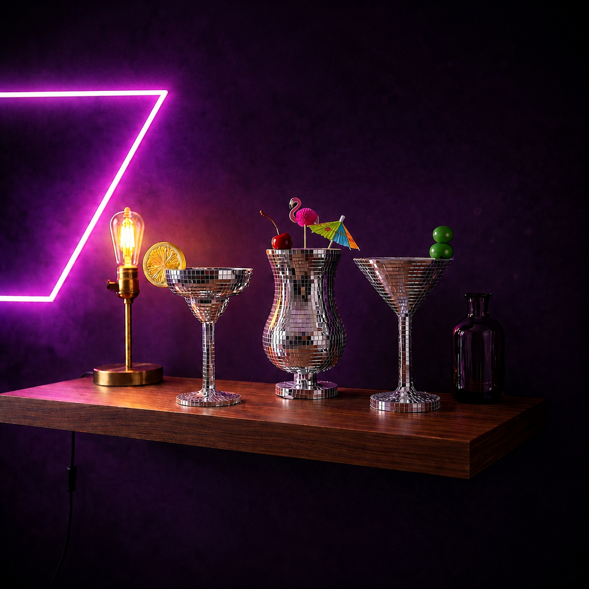 Three silver mirror cocktail glasses on a wooden bar shelf