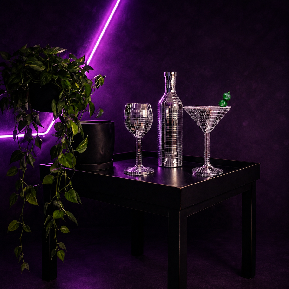 Silver mirror wine glass, wine bottle and martini glass on a purple-lit table