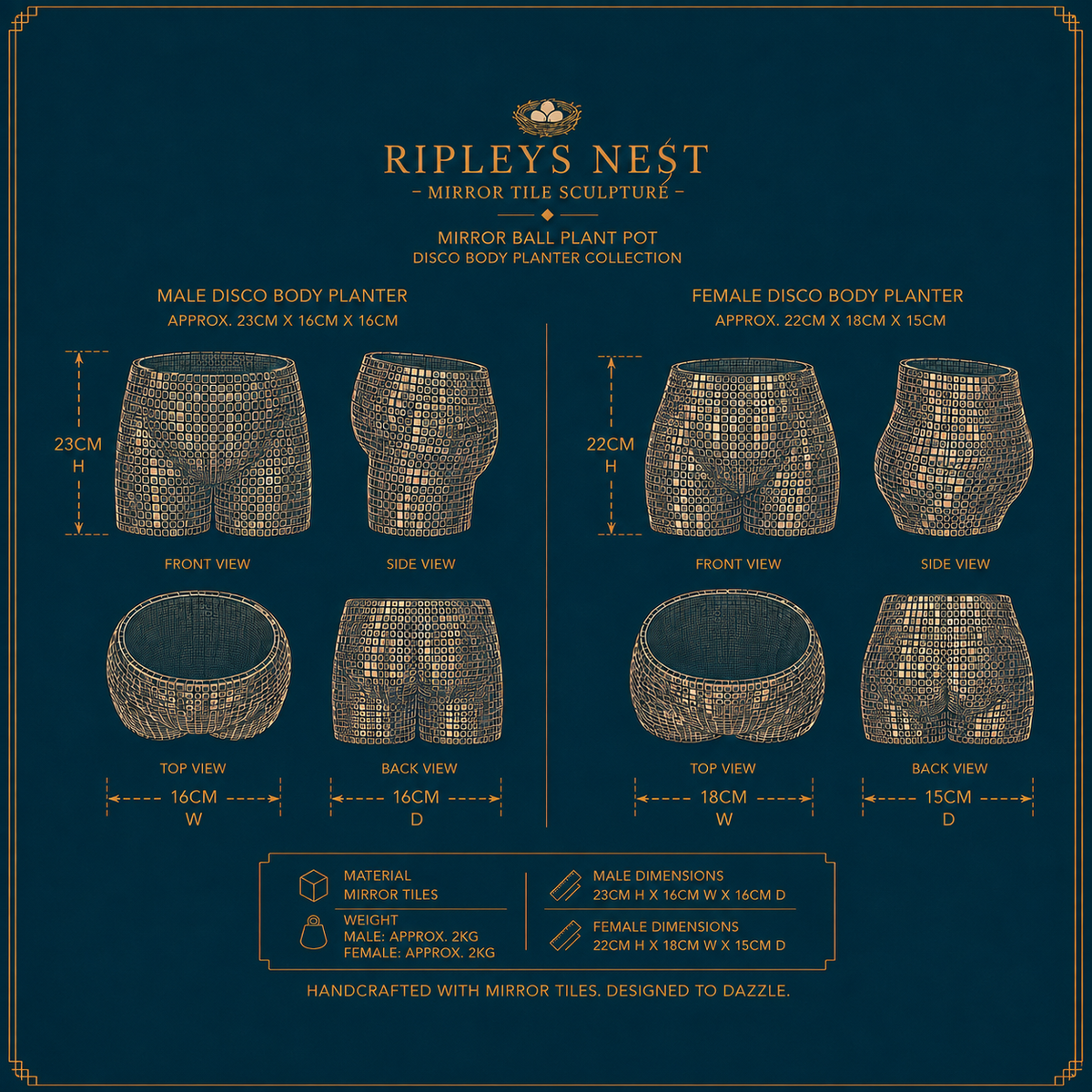 Dimensions for male and female silver mirror tile body planters