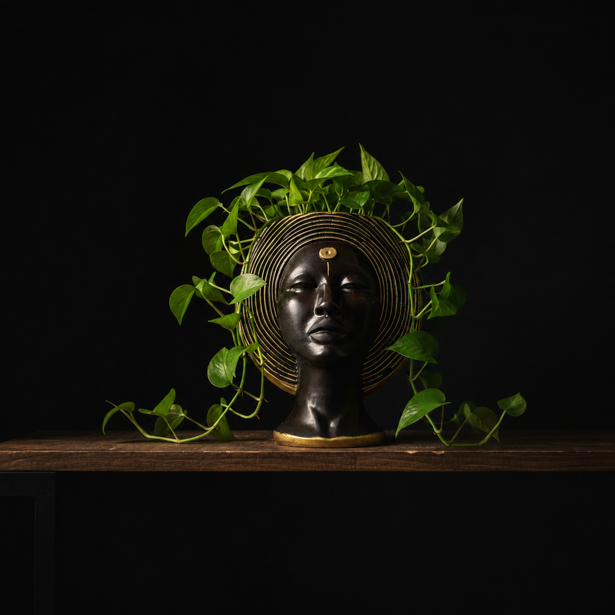 Gold face plant pot styled with greenery