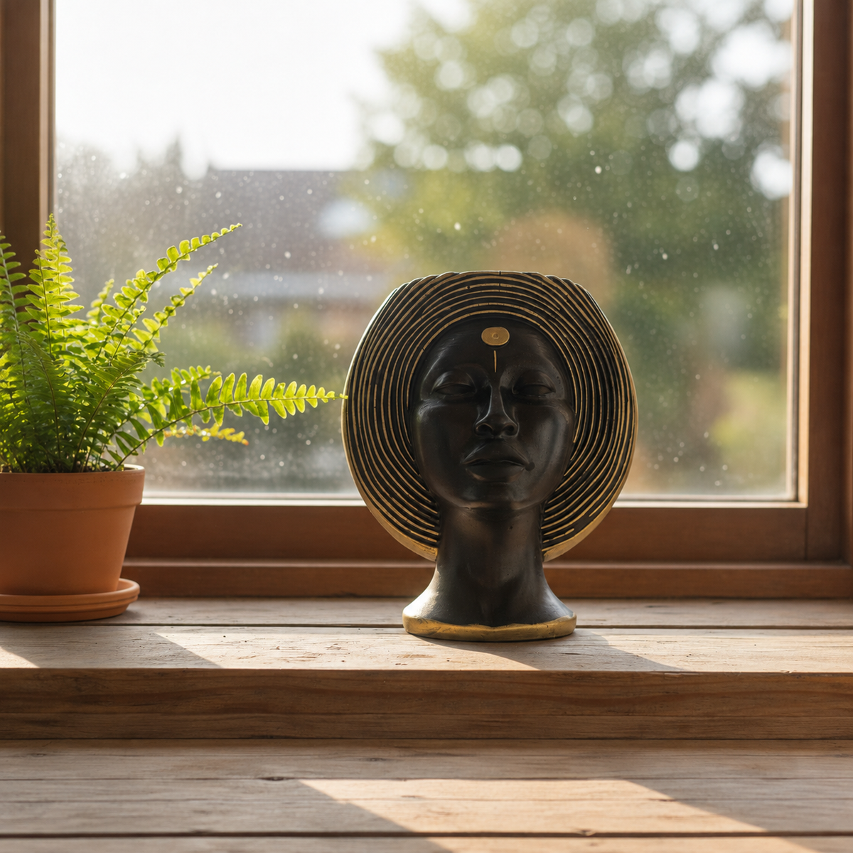 Sculptural gold head planter lifestyle view