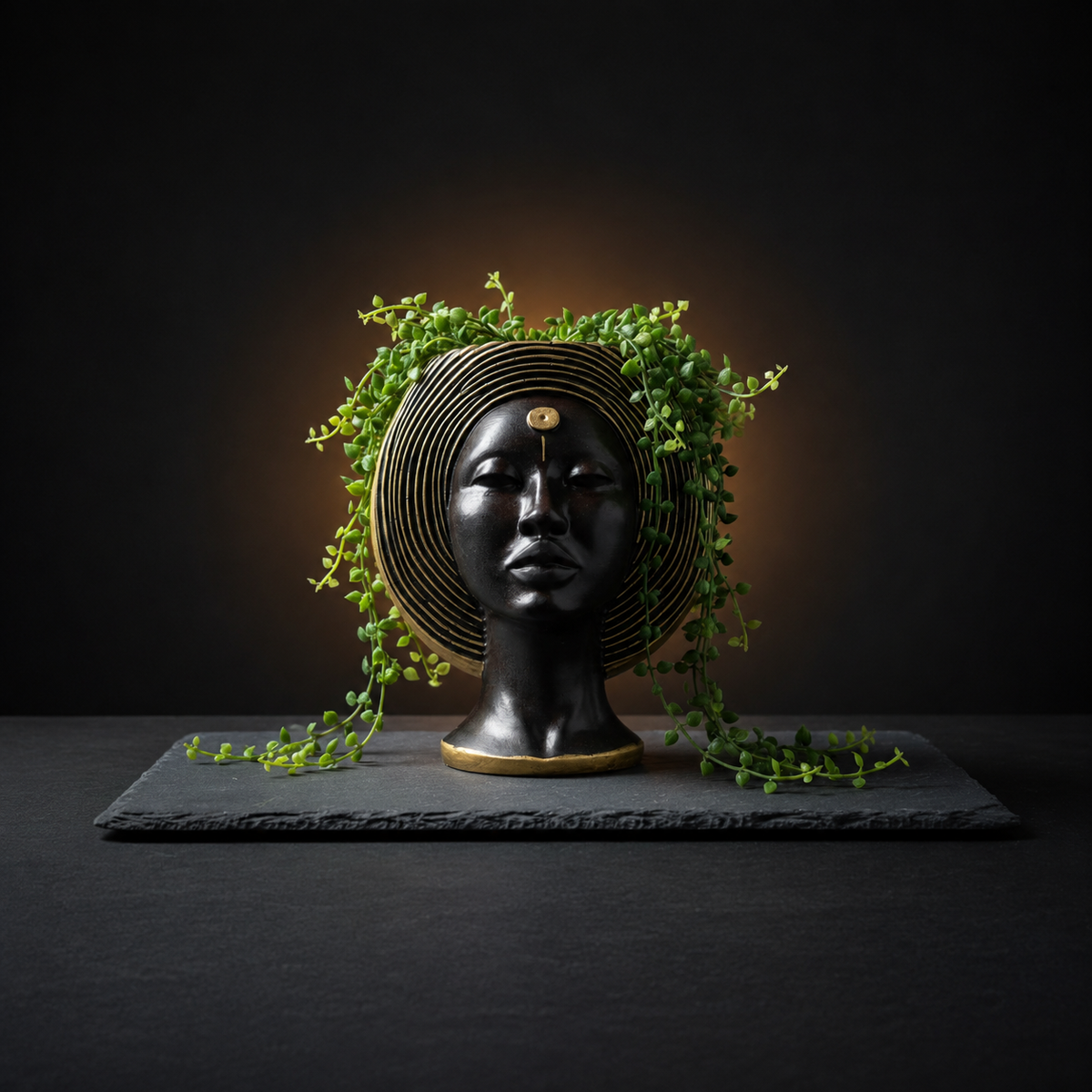 Art Deco face plant pot with gold crown and greenery