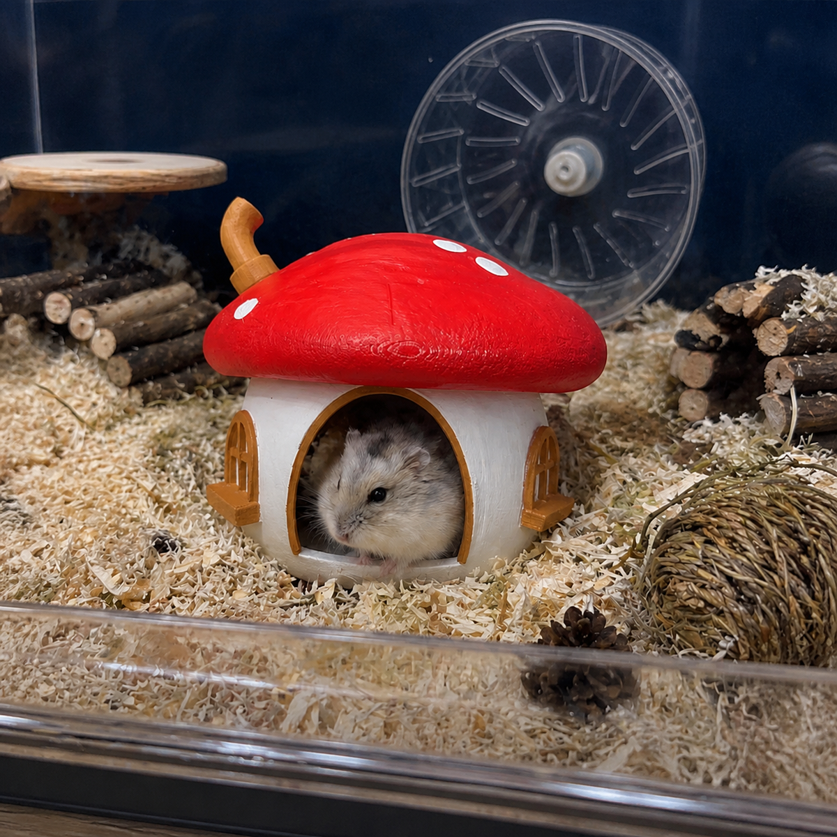 Hamster sitting inside the Fairy Mushroom Hamster Hide