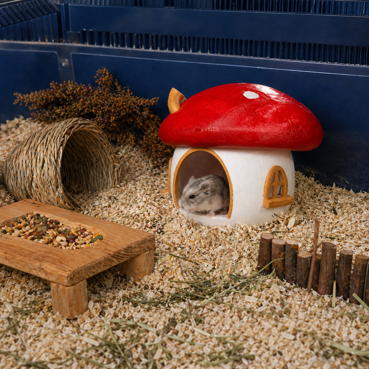 Fairy Mushroom Hamster Hide beside cage enrichment and bedding